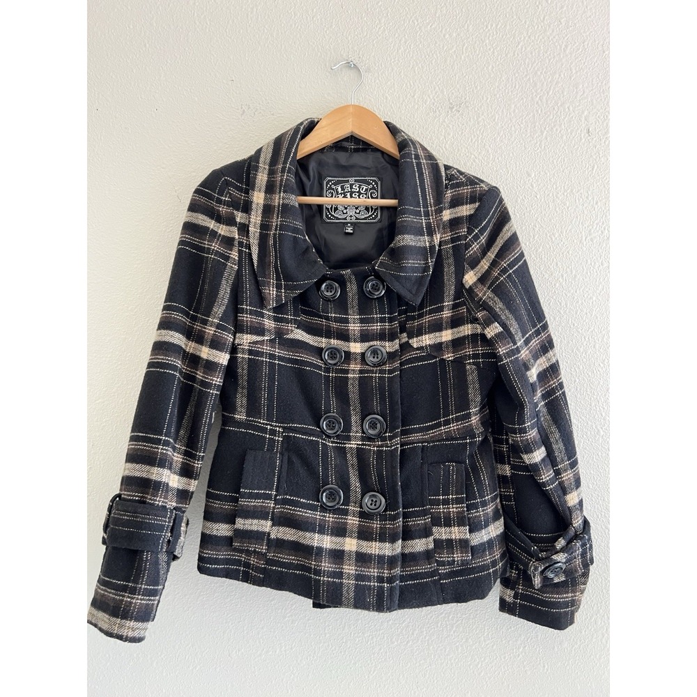 Y2K Last Kiss Womens M Plaid Pea Coat Double Breasted Wool Blend Jacket